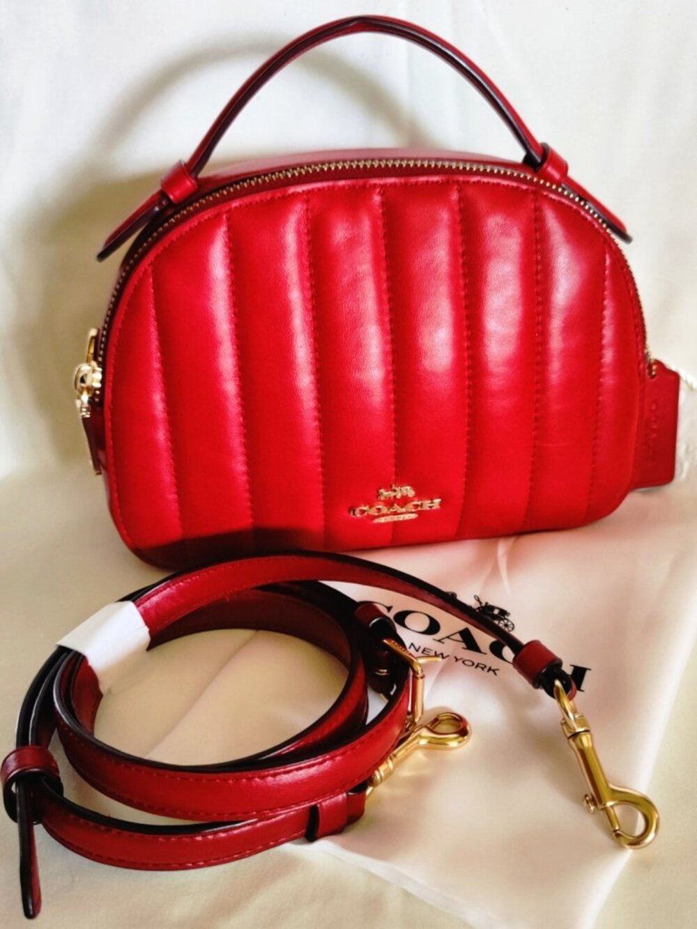 Coach Serena Mini Satchel with Linear Quilted Nappa Leather in Electric Red, EUC